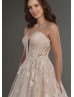 Plunging Neck Strapless Ivory Lace Tulle Open Back Wedding Dress